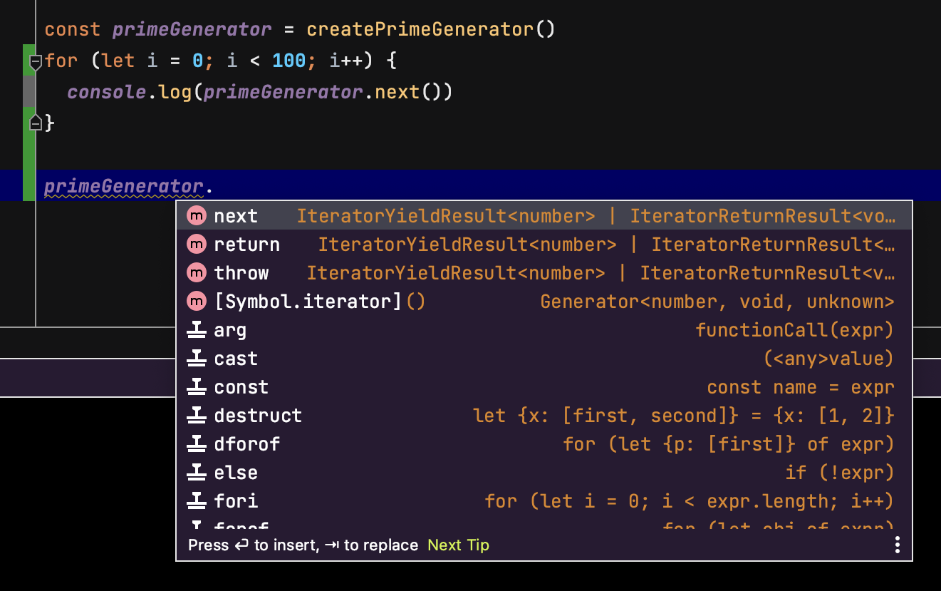 IntelliJ IDEA が表示するジェネレーターの補完候補